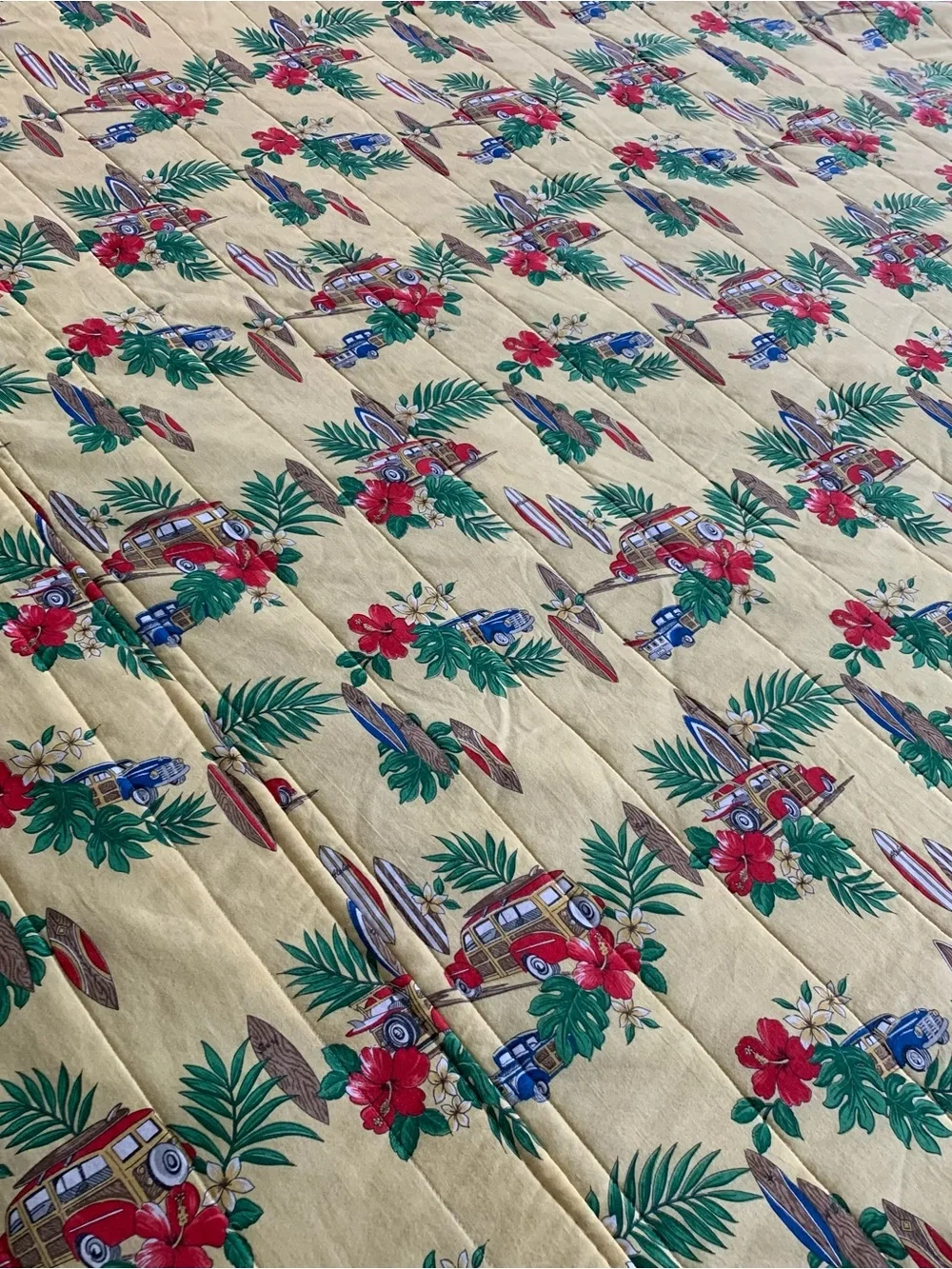 Rare Vintage 80s Contessa Hawaii Woody Surfboard Palm Trees Yellow Bedspread